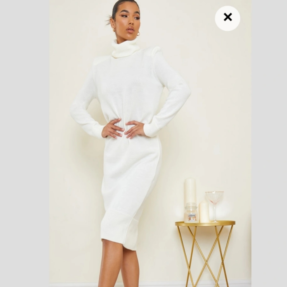 Cream Roll Neck Shoulder Pad Knitted Midi Sweater Dress